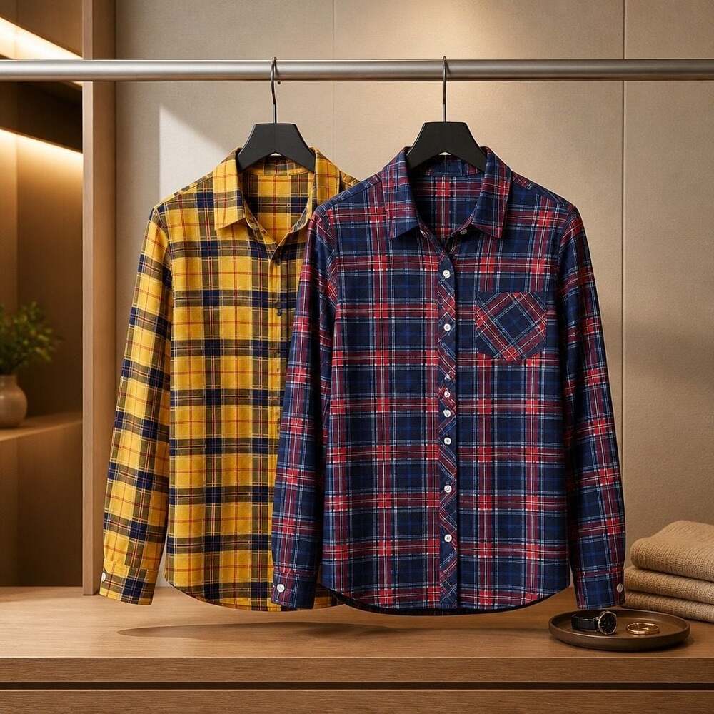 Doublju Women's Set of 2 Long Sleeve Plaid Button-Down Shirts #1119
